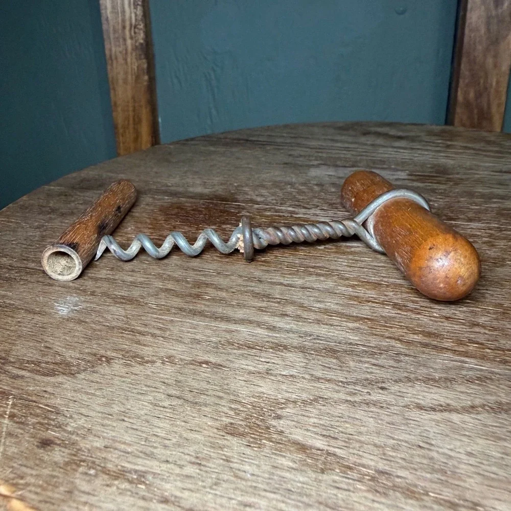 Antique Primitive Wooden T Handle Corkscrew with Sheath Twisted Wire Steel Worm